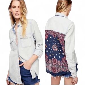 Free People Blue Jean Button Down Western Shirt with Bandana Fabric on Back